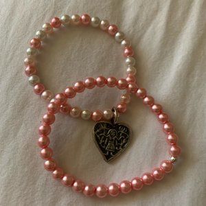 Pink & White Pearl Bracelets with Heart Charm